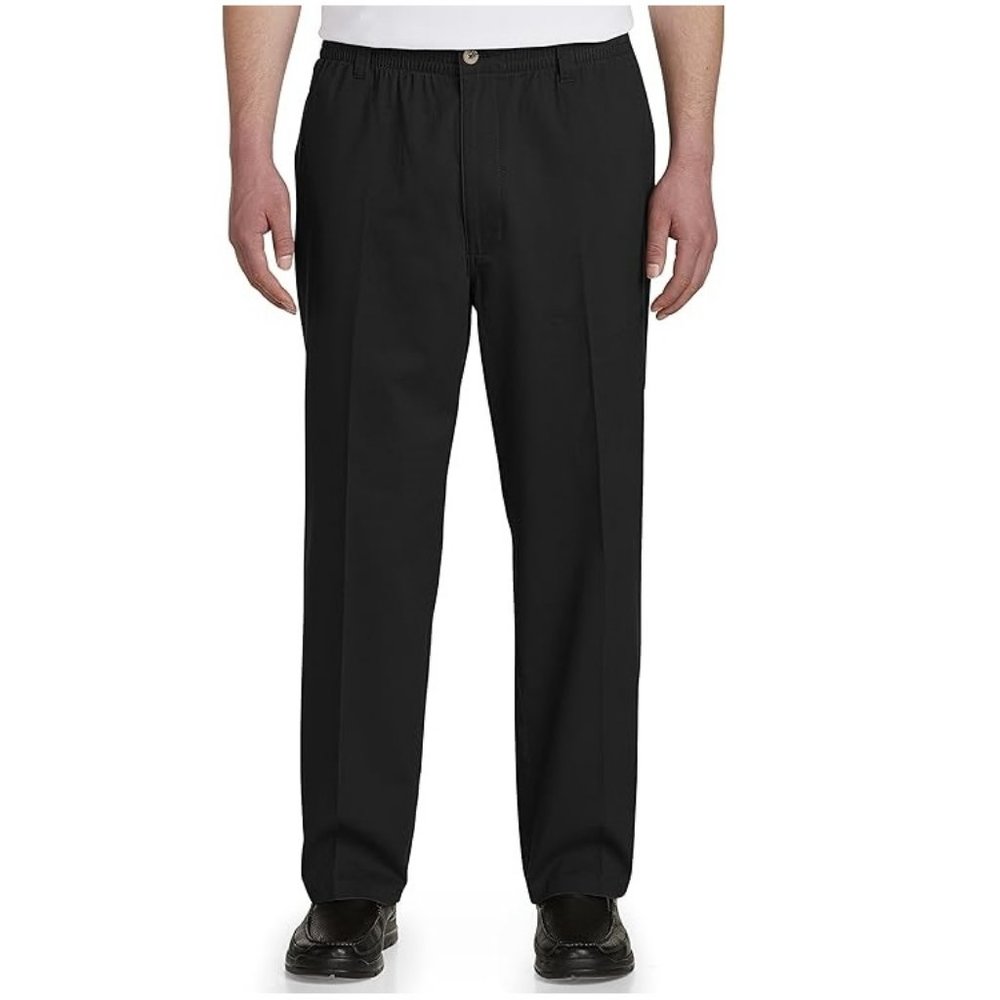 Harbor Bay 100% Cotton Elastic Waist Flat Front Chino Pants, Black 48x28